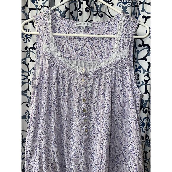 Eileen West Cotton Modal Lavender Print Nightgown Medium Floral Lace Tiered - Picture 3 of 9